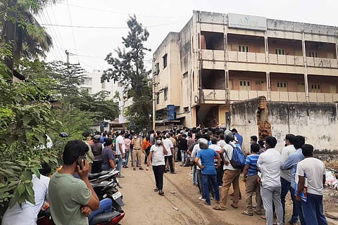 A huge queue at a building in Moosapet to buy Remdesivir from Hetero drugs pharma company.