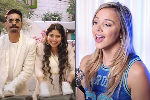 Image of actors Dhanush and Sai Pallavi from Rowdy Baby Song on the left and an image of singer Emma Heesters on the right