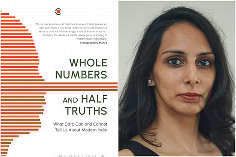 A collage of Rukmini S and her book cover, Whole Numbers and Half Truths