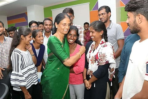 Telangana Education Minister Sabitha Indra Reddy with students of IIIT Basar
