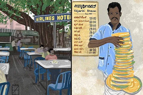 Two illustrations of scenes in Bengaluru by Sangeetha Alwar