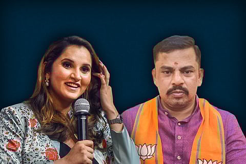 A collage of Sania Mirza talking into the mic with her hand through her hair, and BJP's Raja Singh