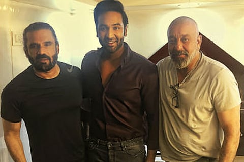 Sanjay Dutt visits sets of Vishnu Manchu-Suniel Shetty crossover film