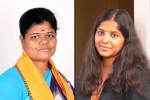 Collage of Shakti Sena Hindu Makkal Iyakkam president Saraswati, and Leena Manimekalai