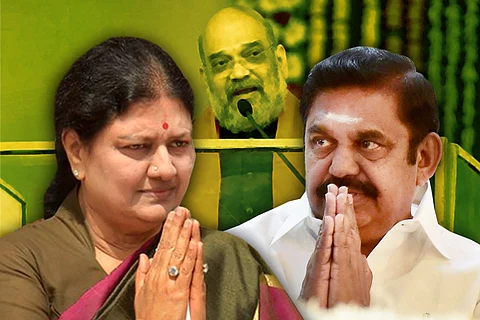 Sasikala, EPS and Amit Shah in the background