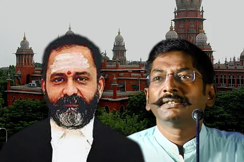A collage of Justice GR Swaminathan and YouTuber Savukku Shankar