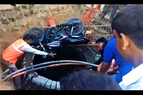 Watch: Hyderabad biker falls into huge pit opposite Secretariat, video goes viral