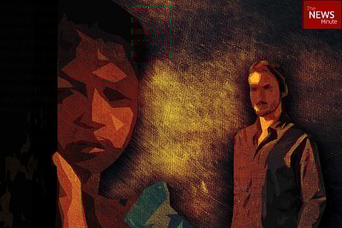 An abstract illustration of two individuals, one in the foreground on the left and another in the background on the right, with a textured, dark orange and brown background.