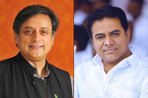 Collage of Shashi Tharoor in black and KTR in white