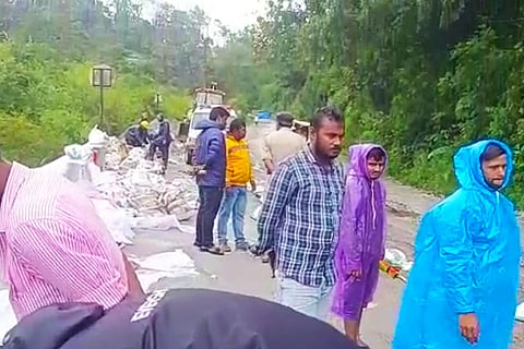 Vehicular traffic comes to a halt due to landslide in Donigal stretch of Shiradi Ghat.