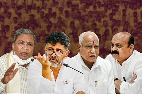 A collage of Siddaramaih, DK Shivakumar, BS Yediyurappa and Basavaraj Bommai