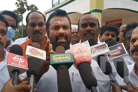 Sithamalli Palanisamy of the PMK speaking to media, he had had announced reward of Rs 1 lakh for anyone who 'kicks' Suriya