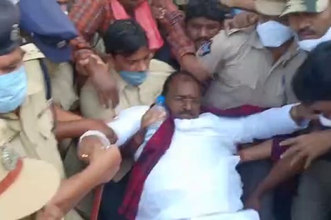 BJP Andhra Pradesh president Somu Veerraju being detained by police during agitations against Lord Rama idol vandalisation