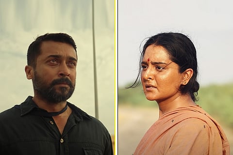 Suriya from Soorarai Pottru on the left and Manju Warrier from Asuran on the right