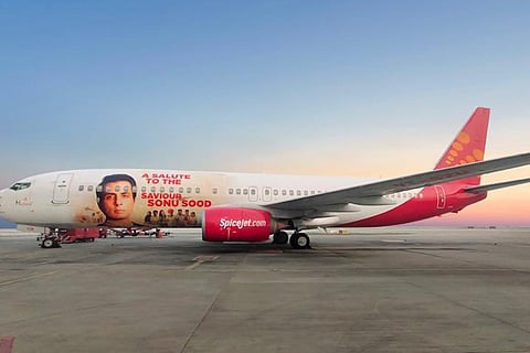 SpiceJet aircraft with livery on Sonu Sood