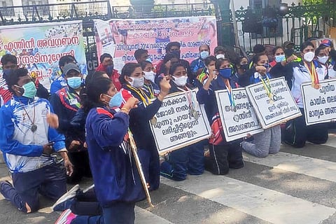 Sports medallists protest in front of the Secretariat in Thiruvananthapuram.
