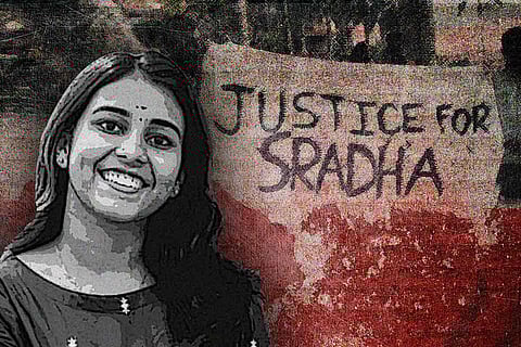 black and white image of Sradha against the backdrop of a poster saying 'Justice for Sradha'