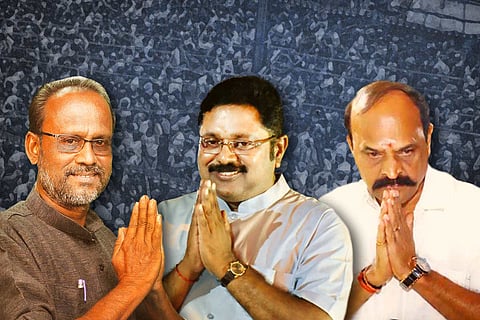 A collage of CPI(M)'s Srinivasan, AMMK's TTV Dhinakaran and AIADMK's Kadambur Raju who are candidates in Kovilpatti