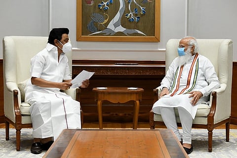 CM Stalin seated with PM Modi in New Delhi