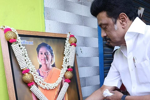 MK Stalin paid floral tributes to Priya's portrait