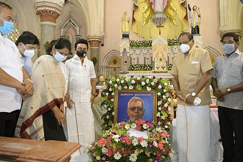Stalin and other DMK leaders with a photo of Fr Stan Swamy in Loyola college