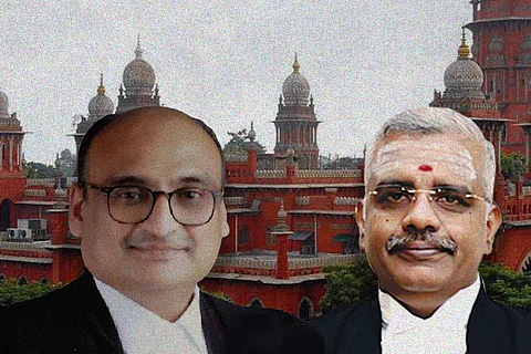 Justices Sunder Mohan and N Anand Venkatesh against the backdrop of Madras High Court