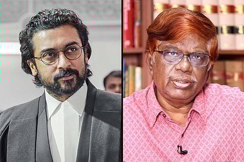 Collage of actor Suriya from Jai Bhim film and Justice K Chandru