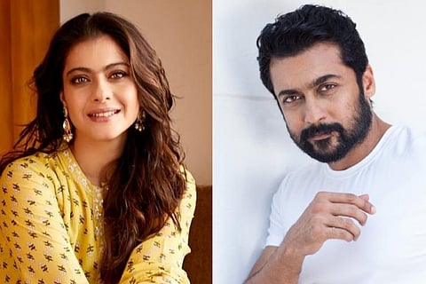 A collage of actors Suriya and Kajol