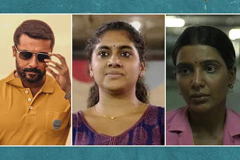 Actor Suriya on the left, actor Nimisha Sajayan in the middle and actor Samantha on the right.
