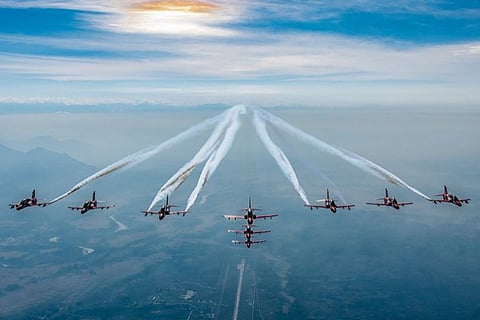The Surya Kiran team flying in formation