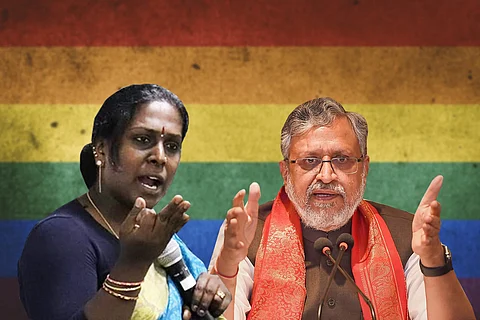 Stylised image of Sushil Kumar Modi and Akkai Padmashali