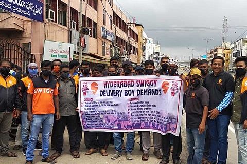 Swiggy delivery executives protesting in Hyderabad
