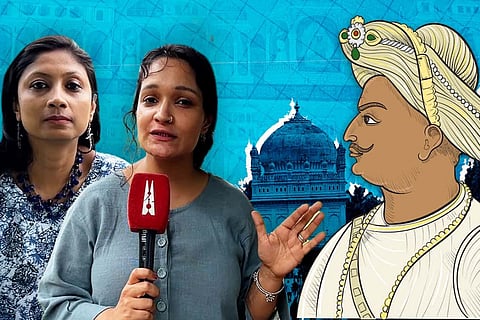 Journalists Pooja Prasanna and Manisha Pande, next to an illustration of Tipu Sultan