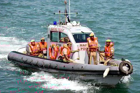 Tamil Nadu marine police in security gear carrying out patrolling along the coastal areas.