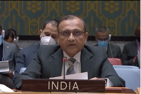 Permanent Representative of India to the United Nations TS Tirumurti speaks at the UNSC meeting on Ukraine crisis