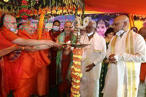 Lamp lighting at TTD's Hanuman temple bhoomi puja at Anjanadri which was held despite opposition