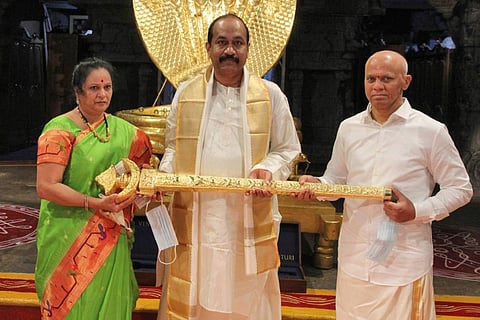 Hyderabad businessman MS Prasad donating golden sword to Tirumala temple