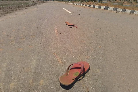 Abandoned slippers of migrant workers on Tamil Nadu highway