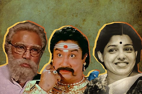 Collage of actor Sathyaraj as Periyar, Sivaji as Kattabomman and Nithya Menen as Jayalalithaa