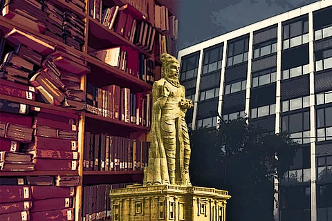 Collage of Tamil department in Cologne University, Germany with Tiruvalluvar statue and library shelves full of books