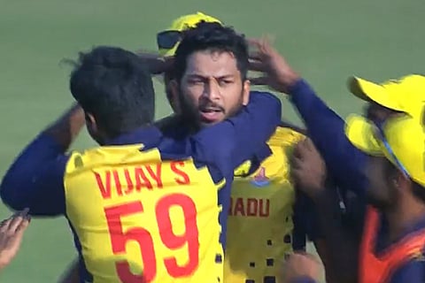 Tamil Nadu players celebrate after winning Syed Mushtaq Ali trophy against Karnataka