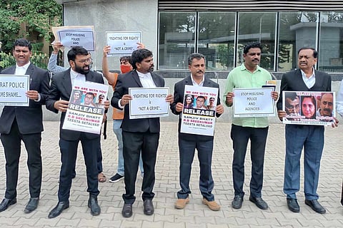 Activists and lawyers protesting the arrest of activist Teesta Setalvad