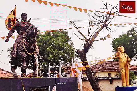 A photo of Shivaji and Ambedkar statues.