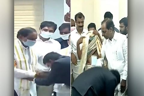 Collage of the two IAS officers touching Telangana CM KCR's feet