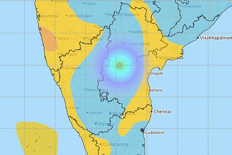 A map by the National Center for Seismology showing the epicentre of earthquake in Telangana