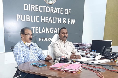Telangana Health Director G Srinivasa Rao and Medical Education Director K Ramesh addressing the media