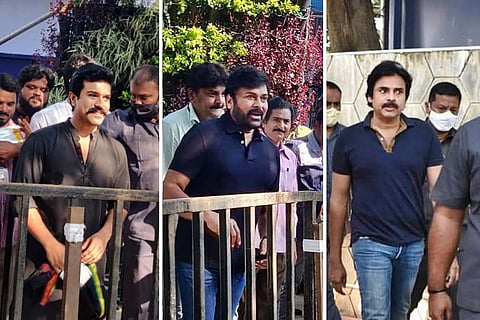 A collage of actors Ram Charan, Chiranjeevi and Pawan Kalyan at the MAA polling venue