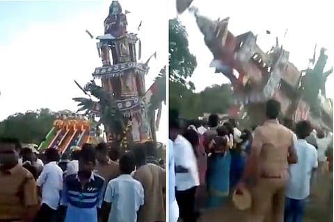 Visuals of the temple chariot collapsing onto a crowd at Papparapatti in Tamil Nadu’s Dharmapuri district
