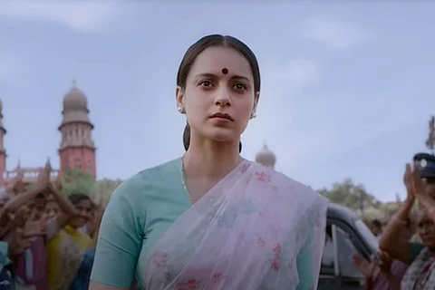 Kangana Ranaut in purple saree and red bindhi from Thalaivii movie