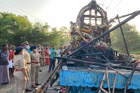 The chariot that was gutted in the accident in Tamil Nadu's Thanjavur during a temple festival